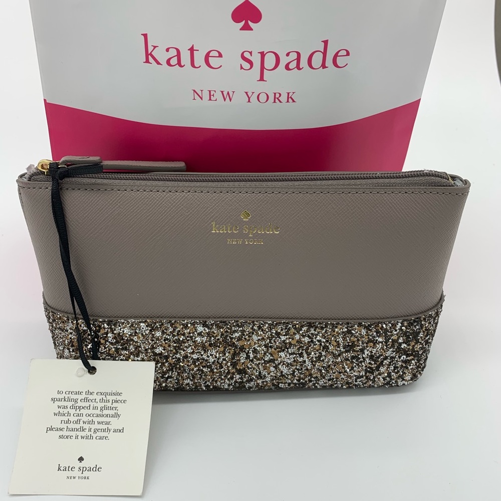 Kate Spade ♠️ Greta Gray Glitter Makeup Bag NWT! - Picture 1 of 5